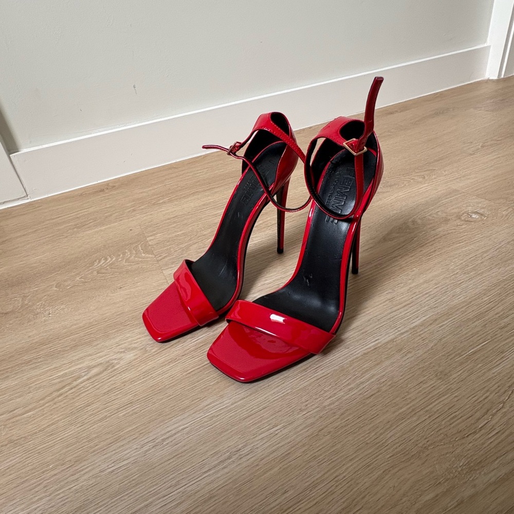 La Femme Red Stiletto Heels with Ankle Straps